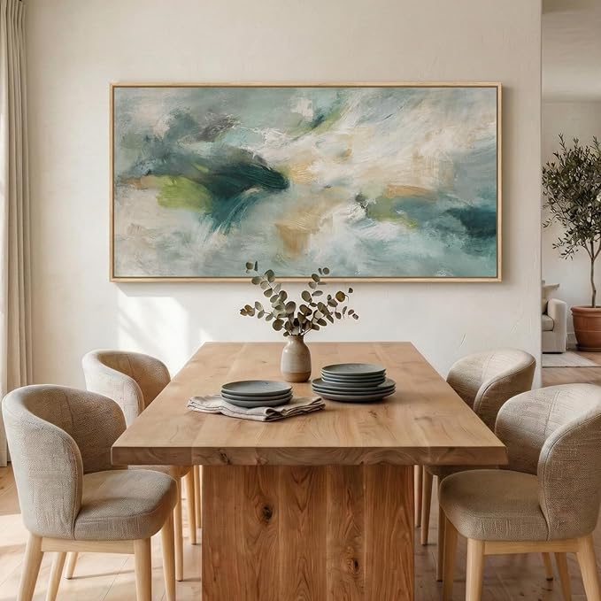 Extra Large Framed Sage Green Abstract Wall Art for Living Room, Modern Teal Horizontal Canvas Prints Paintings Artwork for Walls, Oversized Pictures Wall Decor for Bedroom Dining Room Office 36x72 In