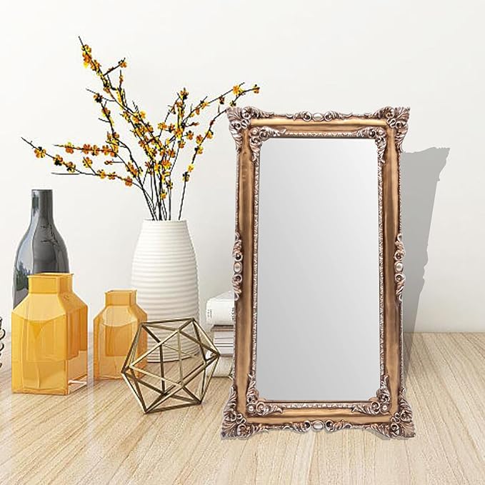 Vintage Mirror 8x14 Inch, Antique Ornate Decorative Mirror for Desk & Wall, Small Vanity Mirror for Makeup Wall Decor, Bronze