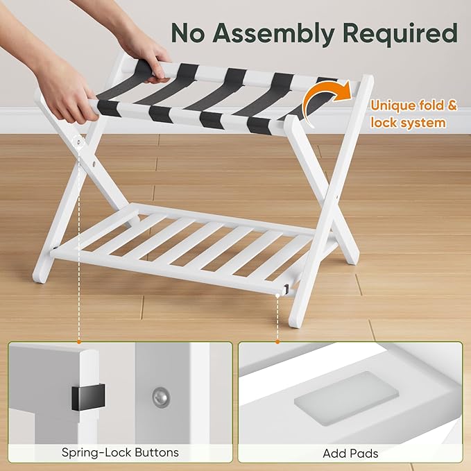 2 Packs Fully Assembled Luggage Racks with Shoe Shelf, Suitcase Stand with Fold & Lock System, Bamboo Luggage Stand Ideal for Guest Room, Bedroom, Hotel, White