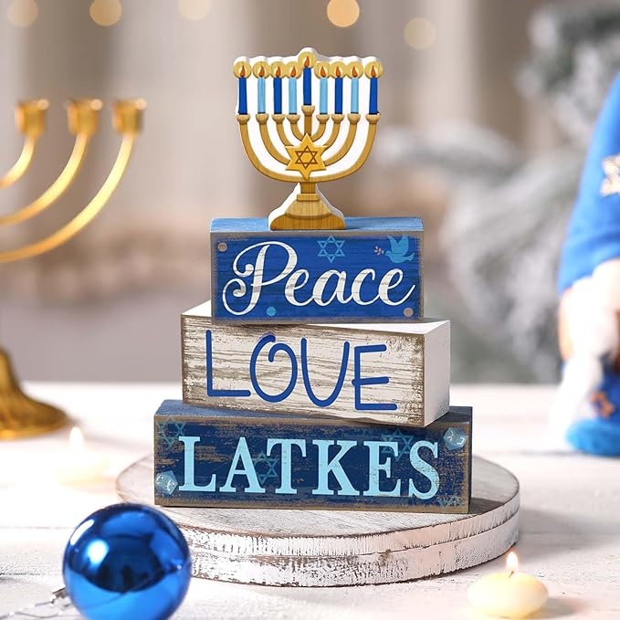 Lineshading 4 Pcs Hanukkah Decorations for Home Chanukah Table Decor Wooden Menorah Decoration Hanukkah Centerpiece Rustic Menorah Block Signs Jewish New Year Decoration for Home Tiered Tray Decor