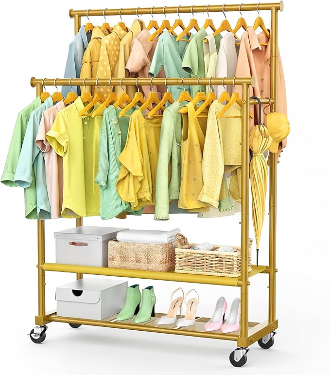 Double Rods Clothes Rack for Hanging Clothes, Heavy Duty Rolling Clothing Rack with Wheels, Freestanding Garment Racks with Oxford Bottom Shelf and Mesh Bottom Shelf for Bedroom Laundry Living Room