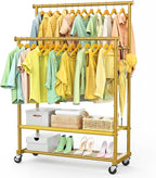 Double Rods Clothes Rack for Hanging Clothes, Heavy Duty Rolling Clothing Rack with Wheels, Freestanding Garment Racks with Oxford Bottom Shelf and Mesh Bottom Shelf for Bedroom Laundry Living Room