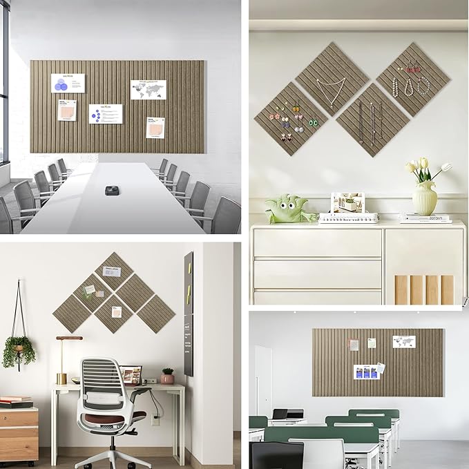 Large Cork Board for Office, 8 Pack Felt Wall Tiles with Slat Wall Paneling and Safe Removable Adhesive Tabs, Felt Bulletin Board Pin Board Cork Boards for Walls - Light Brown