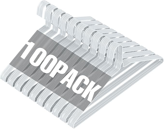 SPECILITE Wire Metal Clothes Hangers Bulk 100 Pack for Standard Size Suits, Coats, Shirts, Pants, Skirts, Space Saving, Non Slip,16 Inch 12 Gauge Ultra Thin, White
