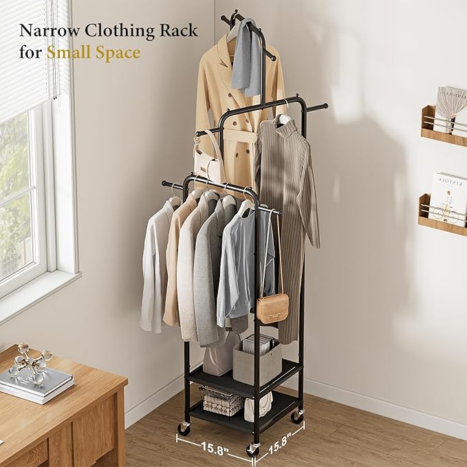 Chrislley Small Clothing Rack With Wheels, 71" Portable Rolling Garment Rack With 2 Shelves and 6 Hooks, 3-Section Different Heights Heavy Duty Metal Clothes Rack For Coats, Shirts, Bags, Shoes, Black