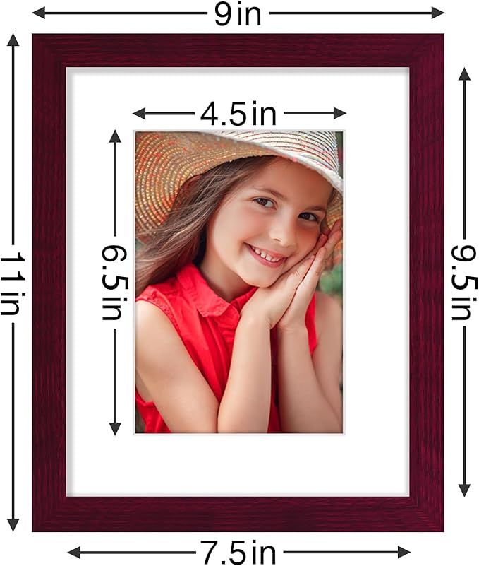 Vittanly 8x10 Picture Frames Set of 9, Shatter Resistant Plexiglass, Display 5x7 Pictures with Mat or 8x10 without Mat, Photo Frames for Wall or Tabletop, Engineered Wood, Cherry Red