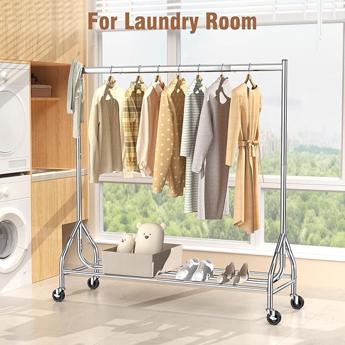 EAGMAK Heavy Duty Clothes Rack Load 420 LBS, Rolling Garment Rack with Lockable Wheels, Standing Metal Clothing Rack, Portable Wardrobe Sturdy Coat Rack for Hanging Clothes (Silver, 59″×18.9″×63″)