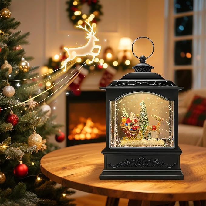Christmas Snow Globe Lantern Water Glittering Santa Snow Globe with Music and Timer, USB Lined/Battery Operated, Christmas Eve Decorations Gifts, Lighted Lantern for Christmas Festival Decoration