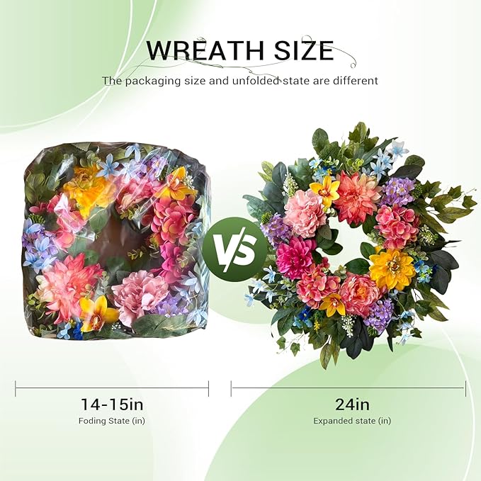 Spring Wreaths for Front Door, 24 Inch Spring Door Wreath with Yellow Dahlia,Pink Hydrangea Dahlia Peony Flower Wreath for All Season Outside Indoor Outdoor Home Porch Wall Decor