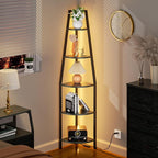 Furnulem 5 Tier Corner Shelf with LED Light, 67.2” Tall Standing Shelf for Wall Corner, Narrow Bookshelf Ladder Shelf for Bedroom, Living Room, Plant, Wood Storage Rack, Metal Frame (Black Oak)