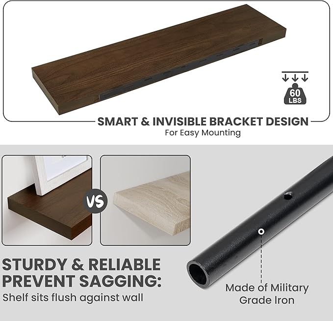 Marsmiles Solid Wood Floating Shelves for Wall, 36”W x 9”D x 1.56”H Large Wall Shelves for Living Room Bedroom Bathroom Kitchen Drcor Storage with Invisible Heavy-Duty Metal Bracket, Walnut, Set of 2