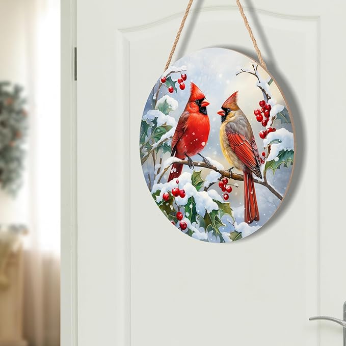 Harooni Winter Welcome Sign for Front Door, Cardinal Bird Wood Door Hanger for Outdoor Outside Porch, Christmas Cardinal Round Hanging Signs Holiday Decorations for Home Wall Porch Yard Farmhouse