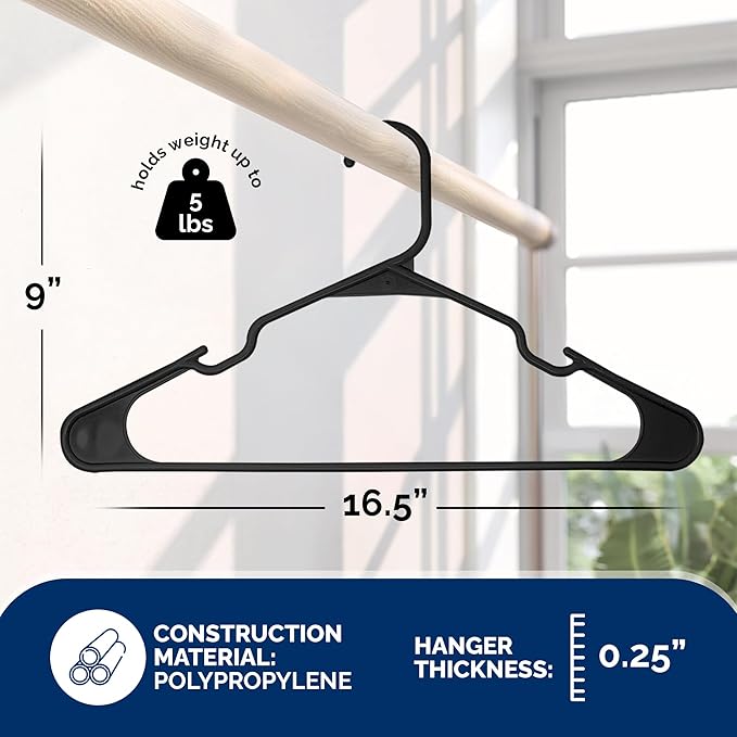 Plastic Hangers 50 Pack - Space Saving Clothes Hangers, Made in USA, Durable & Strong Plastic Shirt & Coat Hanger with Notches & Shoulder Grooves, Non-Slip Clothing Hangers | Black
