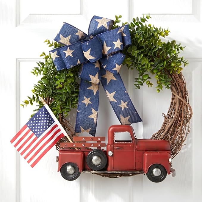 Patriotic Wreaths for Front Door, 250 Anniversary Decorations 4th of July Decorations Outdoor, Handcrafted Memorial Day Wreaths, Festival Celebration USA Flag Printed Wreath (G)