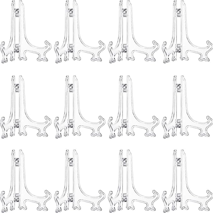 Boao 12 Pack Plastic Easel Stand Display Card Plate Stands Photo Holder Picture Frame Book or Other Items Easel for Weddings, Birthdays, Home Decoration, Tables(6 Inches,Clear)