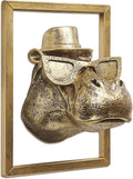 JJALIGHTS Exquisite Resin Animal Head Wall Sculpture (Gift Metal Frame) - Imitation Copper Vintage Decor for Living Room, Bedroom & Office | Decorative Wall Hanging Art(Hippo)