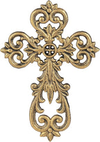 Sungmor Vintage Cast Iron Cross Wall Decor, 9.8" Tall Heavy Duty Rustic Gold Finish Wall Sculpture,Ornate Metal Art Farmhouse Home Decor