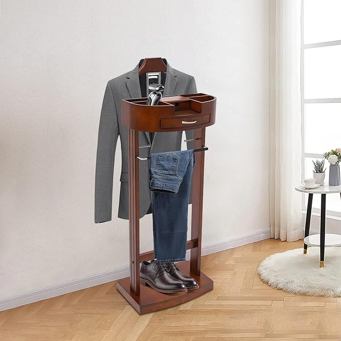 Standing Suit Rack with Drawer & Pant Hanger, Valet Stand for Men/Women,Vintage Brown Wooden Valet Stand with Storage Tray for Ties, Belts, Hats, Coats