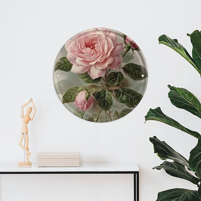 Wall Picture, with Vintage Beautiful Rose Printed Circular Iron Hanging Picture,Wall Art Decor,Home for Bedroom Living Room Bathroom Decor,Iron Painting 11.8X11.8 in