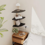 JJL Corner Shelf with Rails, 3-Tier Fan-Shaped Floating Corner Shelf Wall Mounted, 12 Inch Black Rustic Wood Heavy Duty Wall Storage for Bathroom Kitchen Living Room Bedroom
