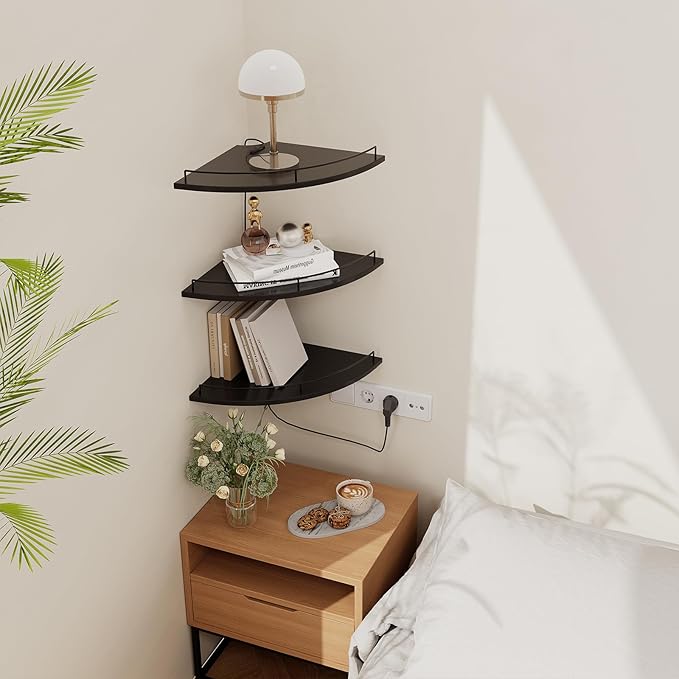 JJL Corner Shelf with Rails, 3-Tier Fan-Shaped Floating Corner Shelf Wall Mounted, 12 Inch Black Rustic Wood Heavy Duty Wall Storage for Bathroom Kitchen Living Room Bedroom
