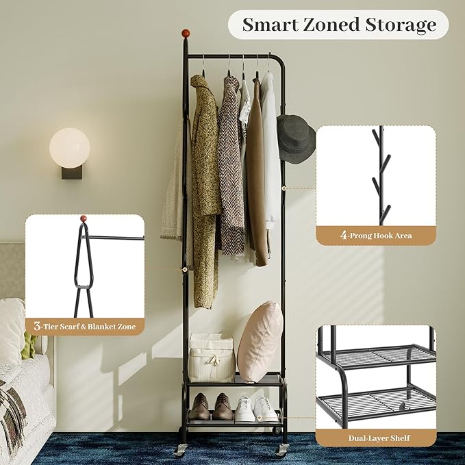 Clothes Rack, Metal Garment Rack with Wheels and Shelves, Rolling Portable Clothing Racks for Hanging Clothes, Freestanding Storage Solution for Small Spaces (Black)