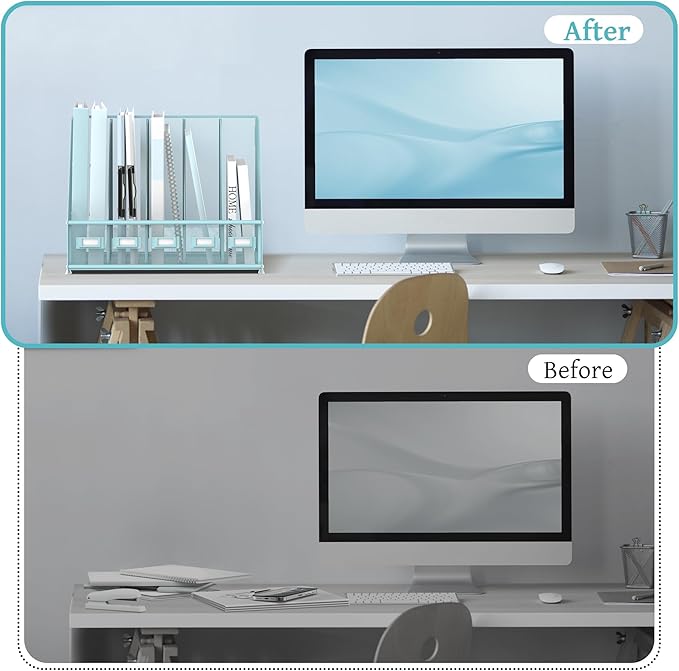 SUPEASY Desk Organizers Metal Desk Magazine File Holder with 5 Vertical Compartments Rack File Organizer for Office Desktop, Classroom, Home Workspace, Blue