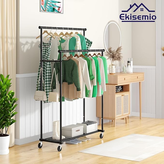 Double Rods Clothes Rack with Wheels Load 400 LBS, 45 Inch Rolling Clothing Rack for Hanging Clothes, Heavy Duty Garment Rack with Shelves, Metal Portable Closet, Black