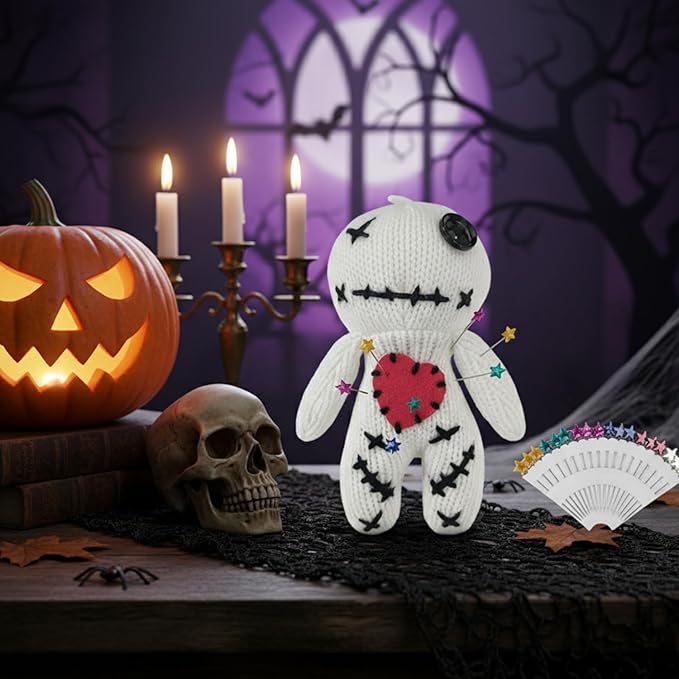 Voodoo Doll with 18 Pins, Handmade Creepy Horror Plush Ghost Doll for Stress Relief, Halloween Decoration, Funny Gag Gift for Friends & Coworkers for Adult