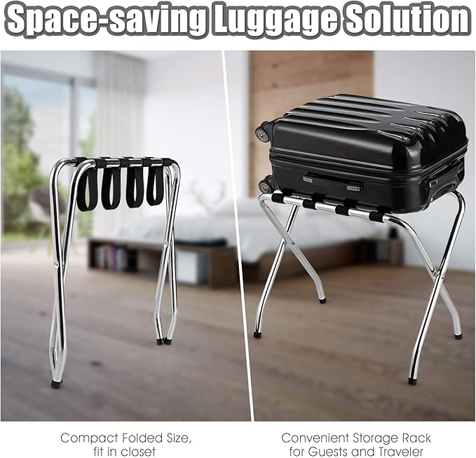 Tangkula Chrome Luggage Rack for Guest Room, No Assembly Required, Folding Metal Suitcase Stand with Nylon Belts, for Home Bedroom Guest Room Hotel, Luggage Rack, Silver (3)