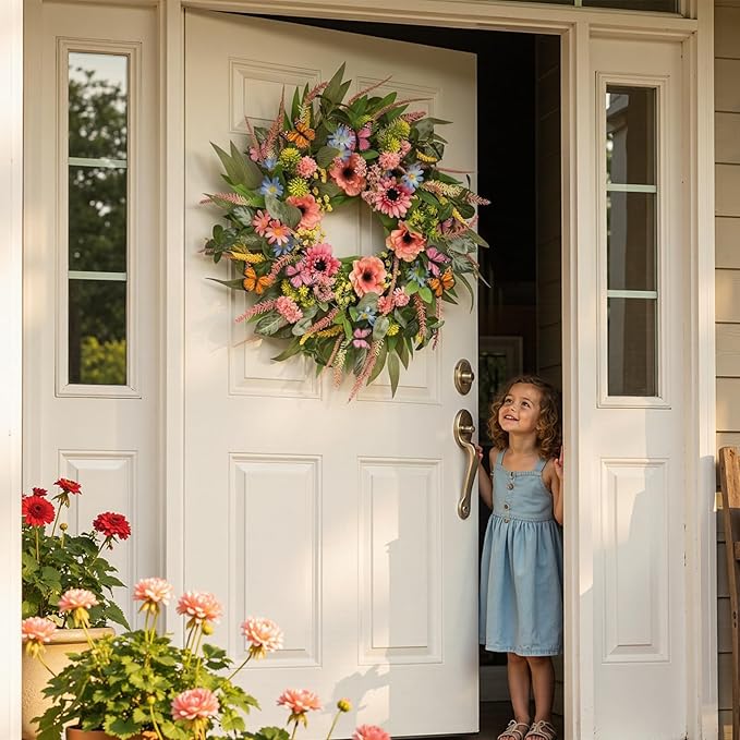 Wreaths for Front Door 26 Inch Spring Summer Wreath with Eucalyptus Leaves Pink Blooms Butterfly,for Year-Round Use Indoors and Outdoors as Wall, Door, Window, Party and Wedding Decorations