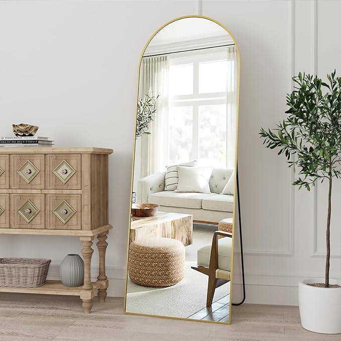 Dewfig Arched Gold Full Length Mirror, 58"X18" Large Floor Mirrors with Stand for Leaning or Hanging, Full Body Mirrors for Living Room,Bedroom, Dressing Room, Aluminum Alloy Frame, Gold