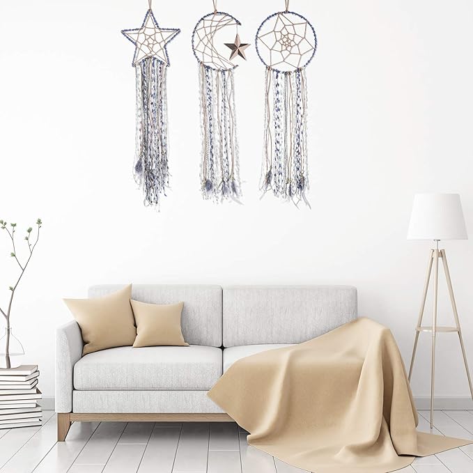 Jetec 3 Pieces Blue Dream Catcher Star Moon Sun Handmade Feather Dreamcatcher Wall Decor for Bedroom Nursery Wall Hanging Home Spring Decoration Festival Gift