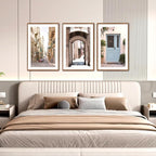 KAlRNE Vintage Cityscape Framed Canvas Wall Art Set of 3(24”X36”),European Street Scenery Wall Decor,Rustic Mediterranean Door Painting,Texture Alleyway Beige Art Prints For Living Room Bedroom Office