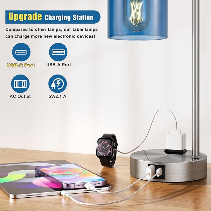 Innqoo Industrial Blue Table Lamps for Bedrooms Set of 2-3-Way Dimmable Desk Lamp with USB C+A Ports and Outlet, Nickel Lamps with Green Glass Shade for Living Room