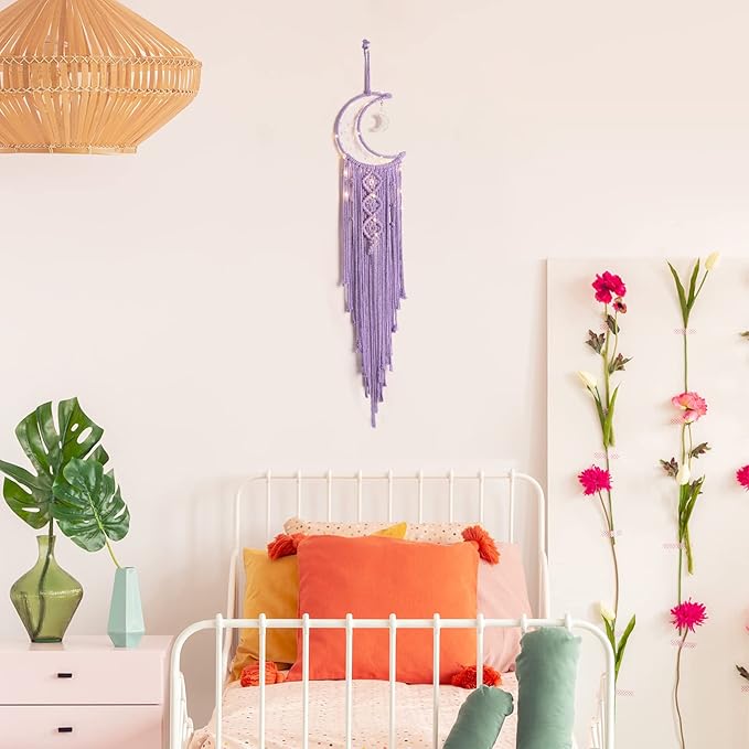 Macrame Moon Dream Catcher for Girl, Purple Boho Crescent Dreamcatcher for Bedroom, Handmade Nursery Room Wall Hanging with Star Pendant for Teen Boy, Bohemian Home Decoration Idea