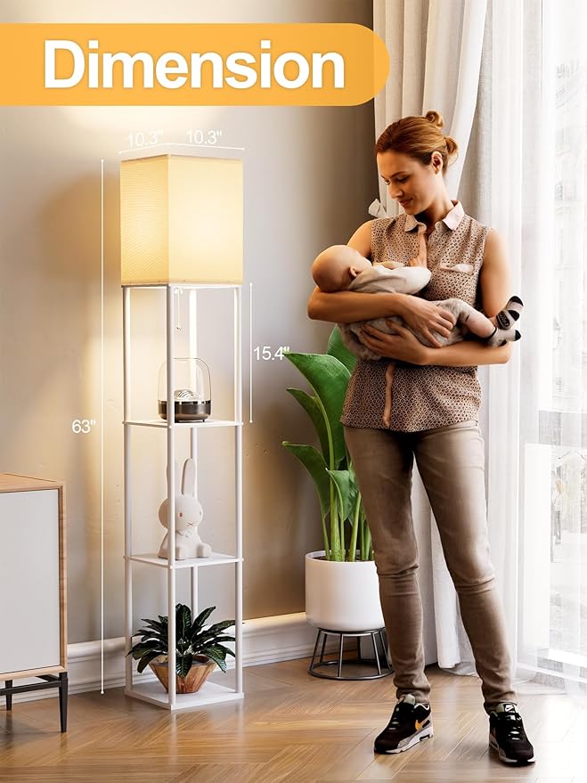 Floor Lamp with Shelves for Living Room White, Shelf Floor Lamp with 3 CCT LED Bulb, Corner Display Standing Column Lamp Etagere Organizer Tower Nightstand with White Linen Shade for Bedroom, Office
