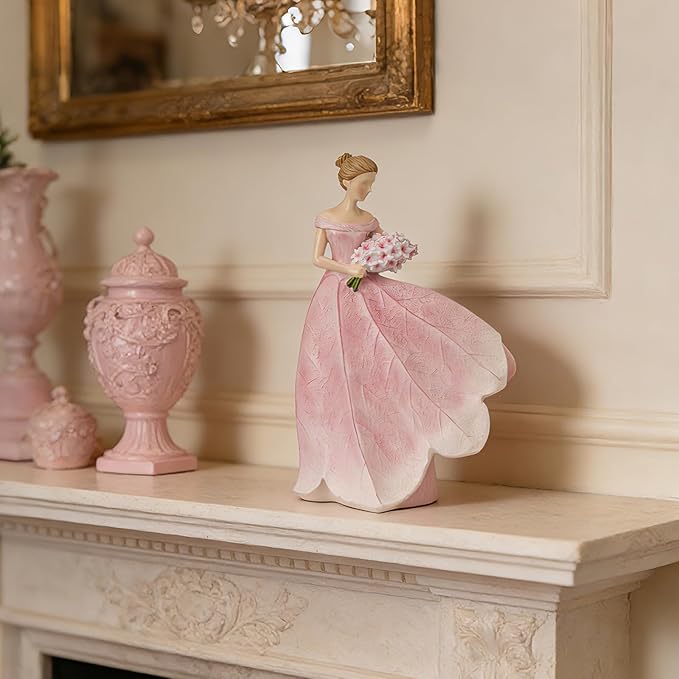 Guichifun Fairy Statue Collection Home Decoration - Pink Leaf Angel Girls Resin Modern Table Decor for Living Room Office Sculpture Decor for Women Indoor Rustic Figurines Gift 5 x 3 x 7.5 Inch