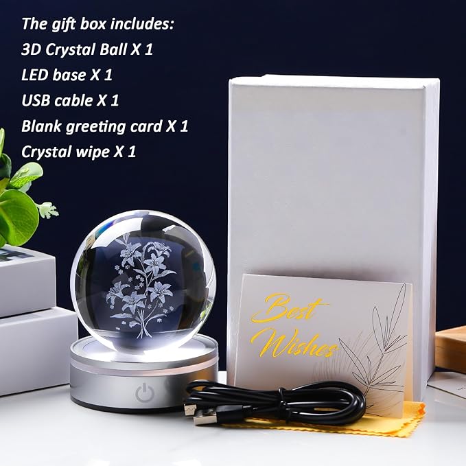 Movdyka 3D Laser Etched Lily Crystal Ball with Color-Changing LED Base – Elegant Blooming Flower Lamp for Home Decor, Unique Gift for Women & Men