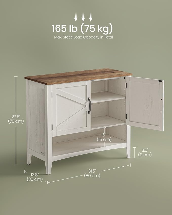 VASAGLE LIRY Collection - Shoe Cabinet, 3-Tier Storage Organizer, Shoe Shelf, Farmhouse Freestanding Cabinet, Height-Adjustable Shelf, 13.8 x 31.5 x 27.6 Inches, Rustic White ULBC038W01