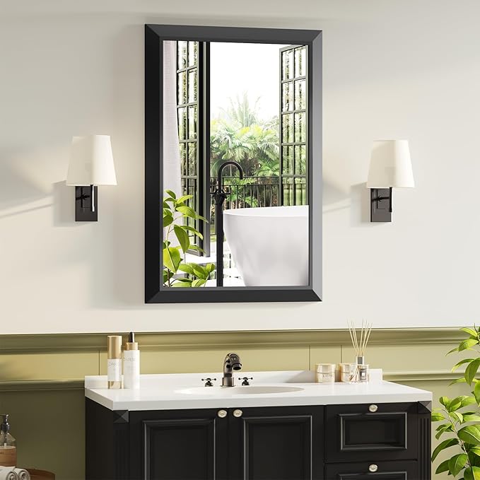 Black Bathroom Mirror for Over Sink, 22x30Inch Thick Anti-Rust Metal Frame, Rectangle Decorative Wall Mirror with HD Tempered Glass Horizontal or Vertical Mount for Vanity, Bedroom, Living Room