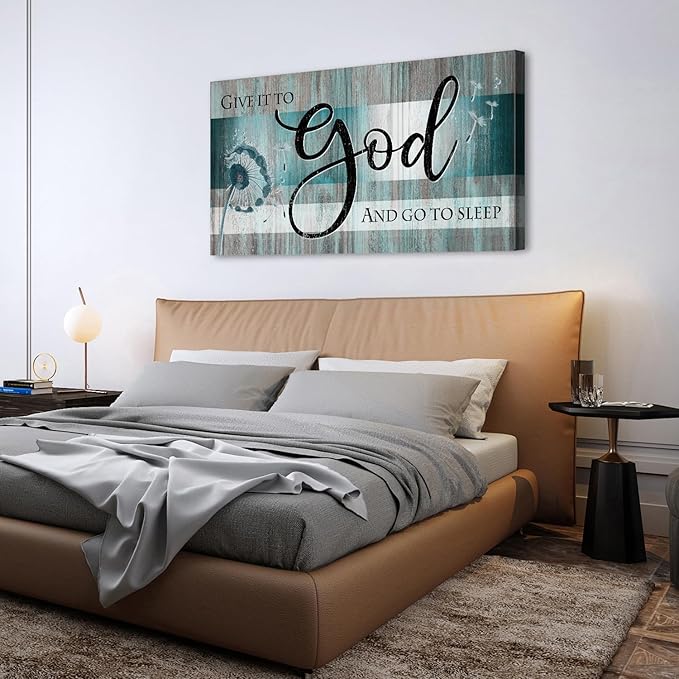 Extra Large Christian Wall Decor Scripture Wall Art Give It to God and Go to Sleep Bedroom Pictures Inspirational Bible Verses Wall Decor Turquoise Teal Religious Artwork Living Room Decoration 30x60"