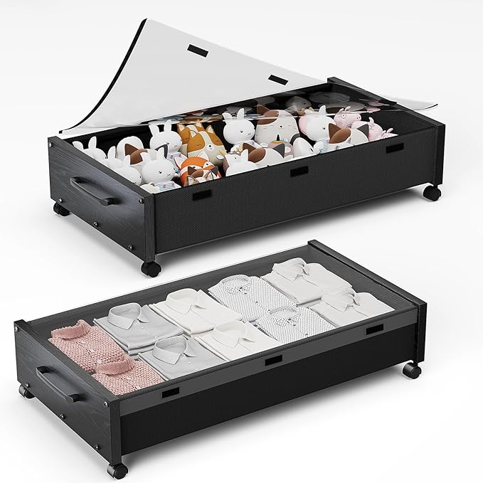KITHELP Under Bed Storage with Wheels, Wooden Under Bed Drawers 2 Packs, Rolling Underbed Storage Containers Organizer with Handle Removable Lid, Heavy Duty Metal Frame for Clothes Shoe Books(Black)