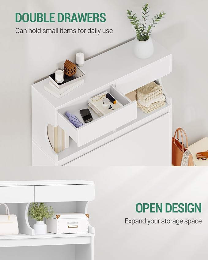 Shoe Cabinet with 2 Flip Drawers & 2 Top Drawers, Narrow Hidden Shoe Storage Cabinet for Entryway, Freestanding Shoes Organizer with Storage Space, 12-16 Pairs, for Hallway, White SR45303X