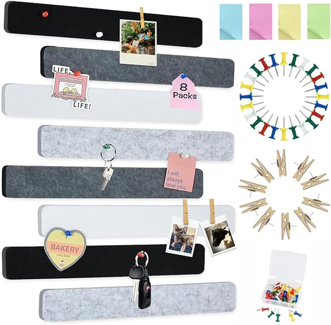Vuzvuv 8 pcs Bulletin Board Bar Strips with 50 Pushpins & 10 Wooden Clip pins，Self Adhesive Cork Board for Wall，Felt Pin Board for School，Office Decor（Black White Grey）