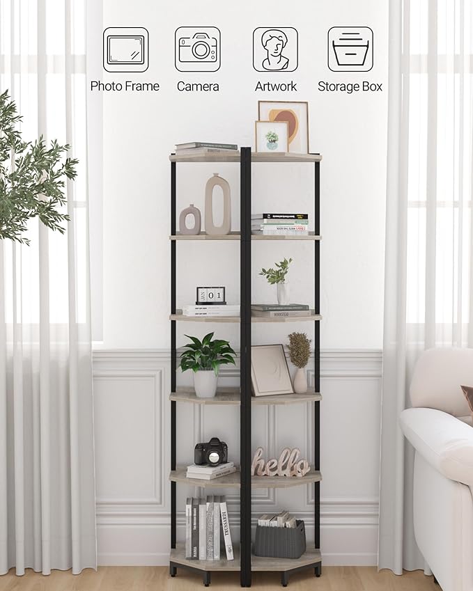 Hzuaneri Corner Shelf Stand, Corner Bookshelf, Storage Standing Shelf Unit with Metal Frame, Plant Stand, Bookcase for Living Room, Home Office, Bedroom, 6-Tier Greige CS06005B
