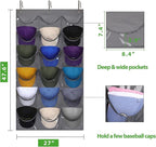 Dofilachy Hat Rack - Hat Organizer - Hat Racks for Baseball Caps, Visible Hat Holder - Baseball Hat Rack for Wall Door with 3 Hooks, 18 Deep Pockets(Grey, medium)