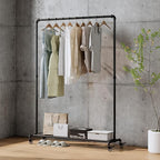 Industrial Pipe Clothing Rack with Wheels,Rolling Garment Rack with Bottom Shelf, Sturdy Metal Clothes Rack for Hanging Clothes Heavy Duty,Black Mobile Wardrobe Rack for Bedroom & Boutique