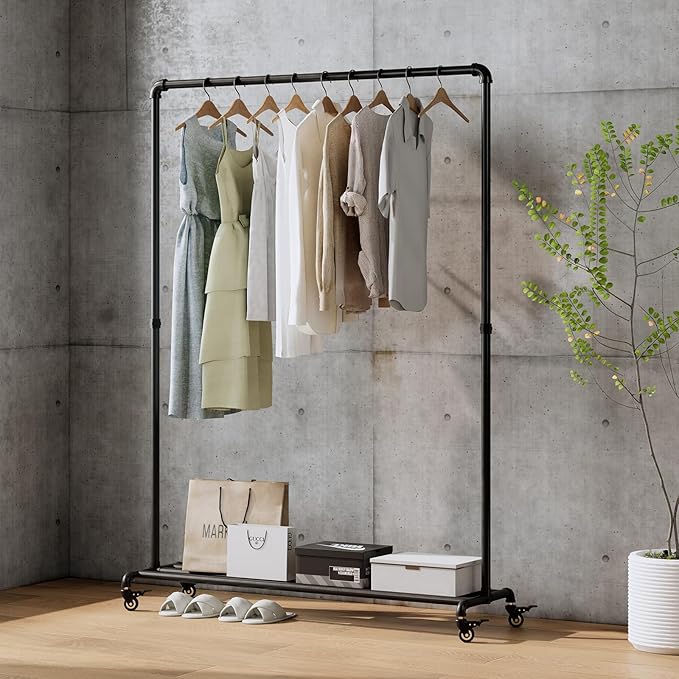 Industrial Pipe Clothing Rack with Wheels,Rolling Garment Rack with Bottom Shelf, Sturdy Metal Clothes Rack for Hanging Clothes Heavy Duty,Black Mobile Wardrobe Rack for Bedroom & Boutique