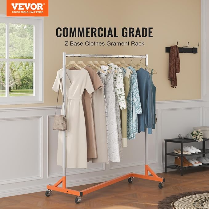 VEVOR Z Rack, 300 lbs Industrial Grade Z Base Garment Rack, 24" x 63" x 71" Clothes Rack, Sturdy Steel Heavy Duty Clothing Rack w/Lockable Casters for Home Garment Store Orange